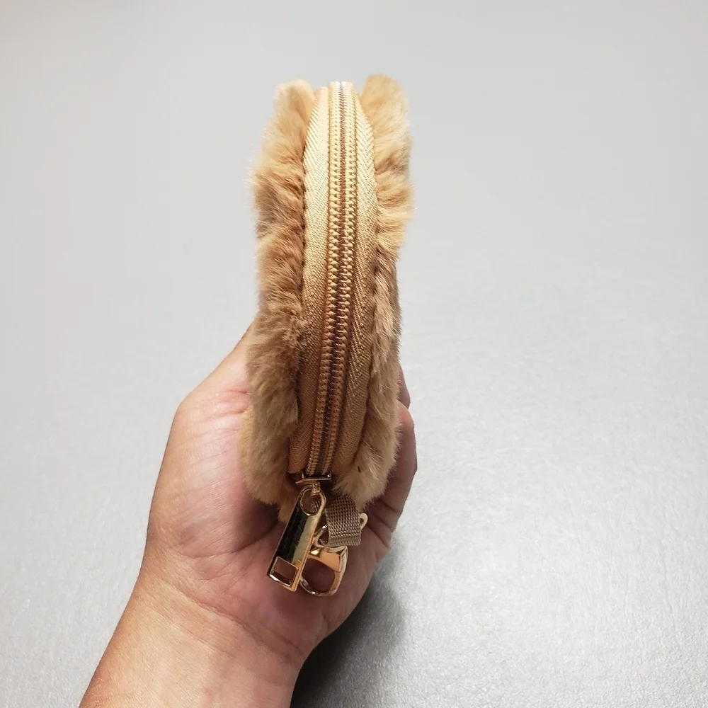 bundle lot of 2 key chain faux fur round bag and 3 slot card holder